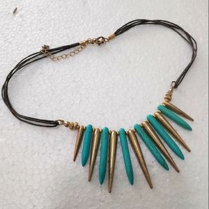 Vintage 16 inch spike faux turquoise & goldtone necklace on dark rope strands